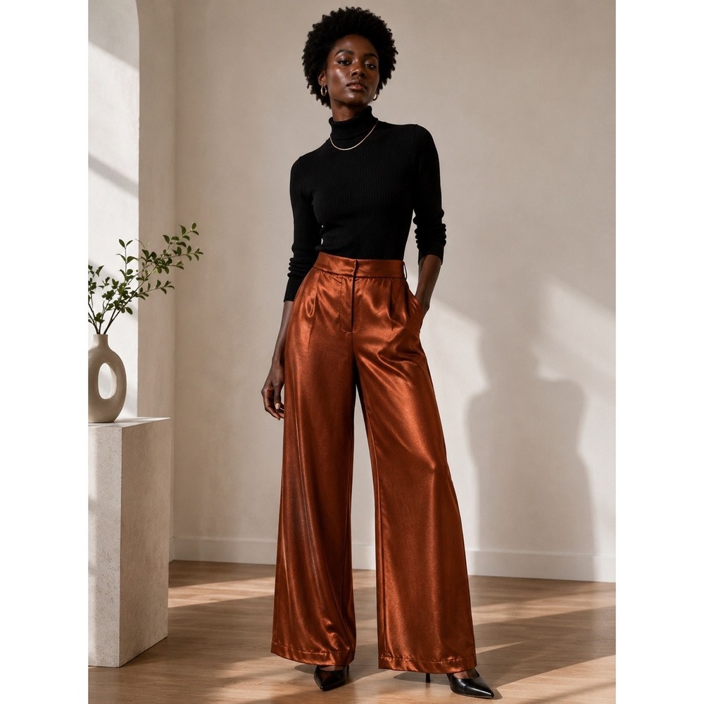 NWT Skies Are Blue Satin Wide Leg Trousers Bronze Copper High Rise Pants XS